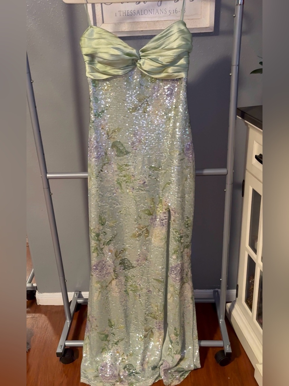 Strapless Green Sequin Floral Prom Dress